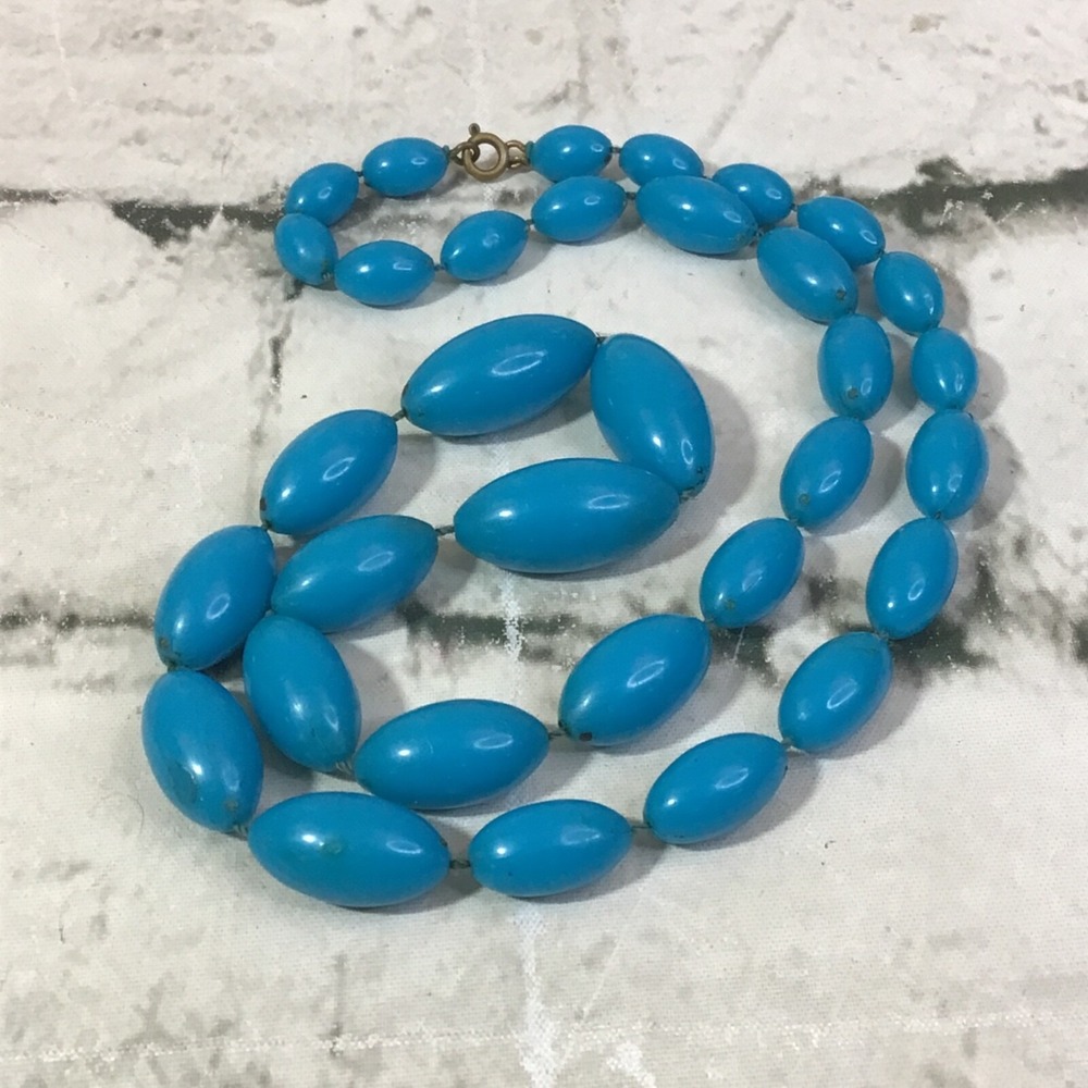 Blue Beaded Necklace Retro Vintage 70's Teal‎ Blue Oblong Oval